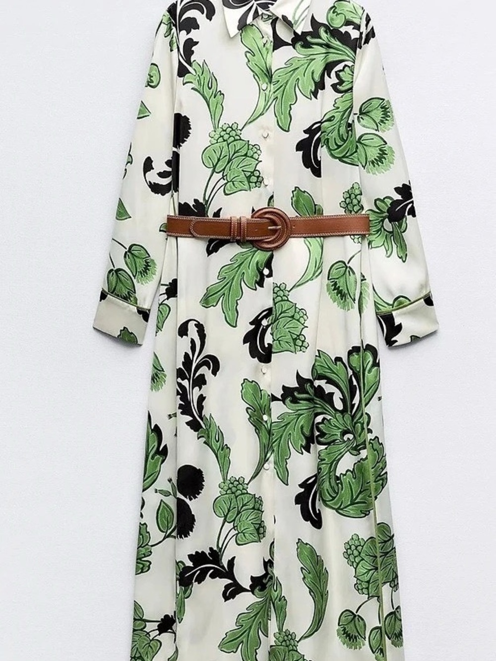 Zara Printed Midi Shirt Dress with Belt White & Green Medium